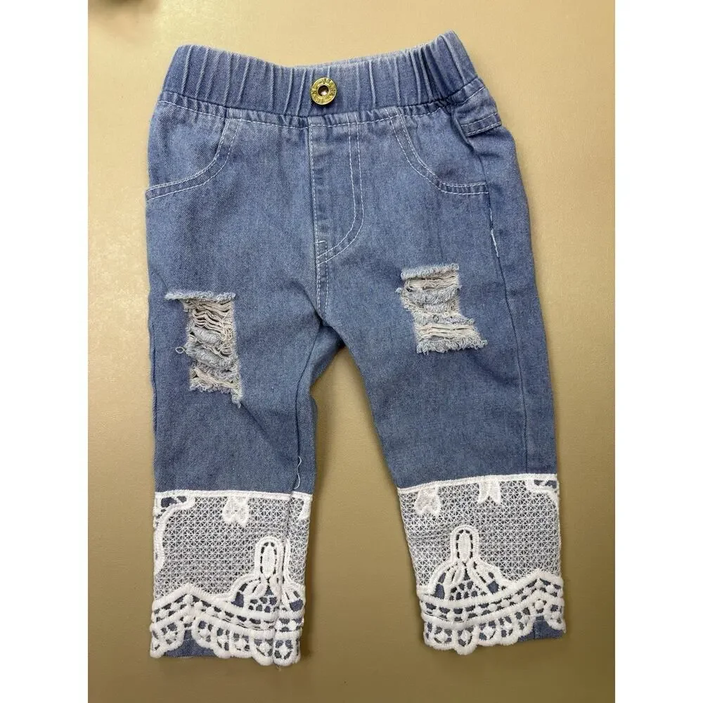Baby Girl Lace Bodysuit Jeans Outfit Set Size 70 Distressed Denim EUC